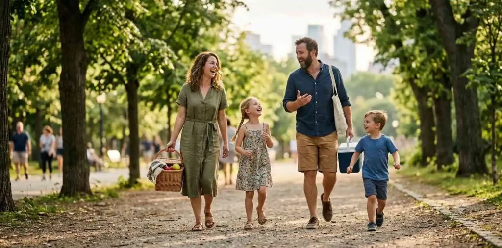 Family enjoying a sunny weekend park outing