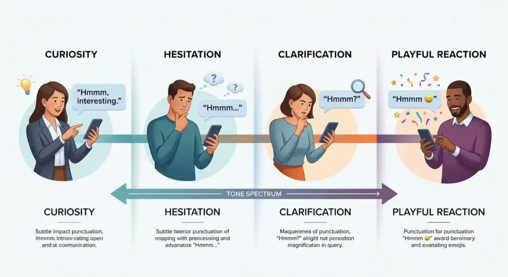 Examples showing how punctuation and emojis can change the tone of hmmm in texting.