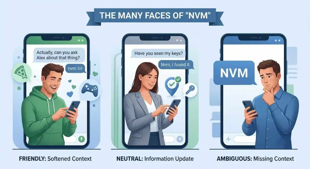 Three texting situations showing how NVM can sound friendly, neutral, or abrupt depending on context.
