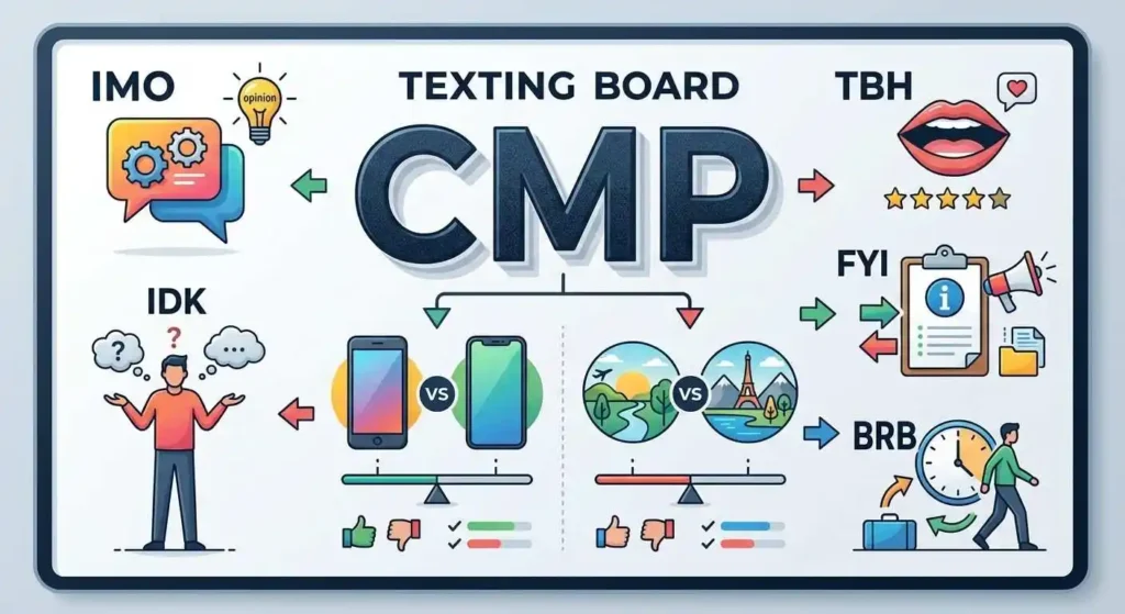 CMP compared with IMO, TBH, IDK, FYI, and BRB texting abbreviations