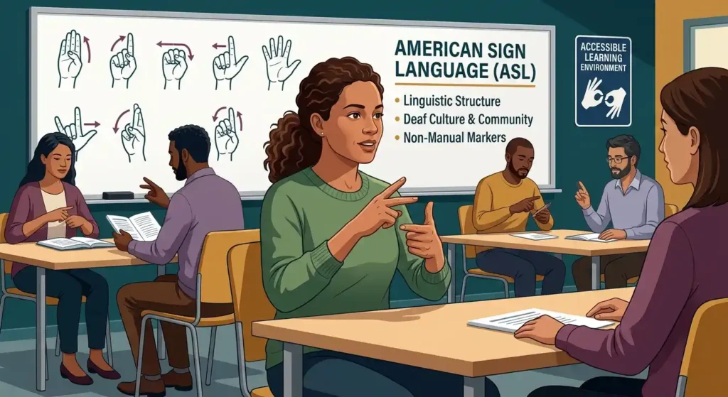 Adult communicating with American Sign Language in a language-learning setting