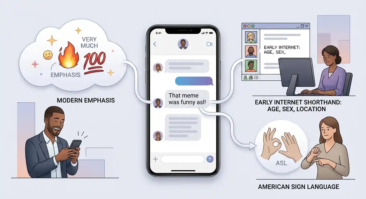 ASL shown with its three common meanings in different communication contexts