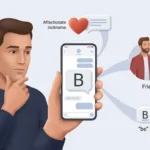 A text message showing B with visual cues for affectionate, friendly, and shorthand meanings.