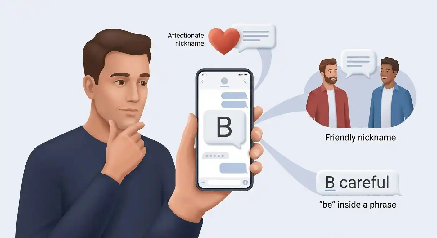 A text message showing B with visual cues for affectionate, friendly, and shorthand meanings.