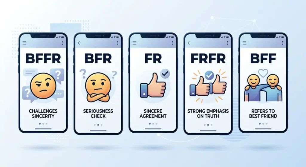 Visual comparison of BFFR, BFR, FR, FRFR, and BFF texting abbreviations.