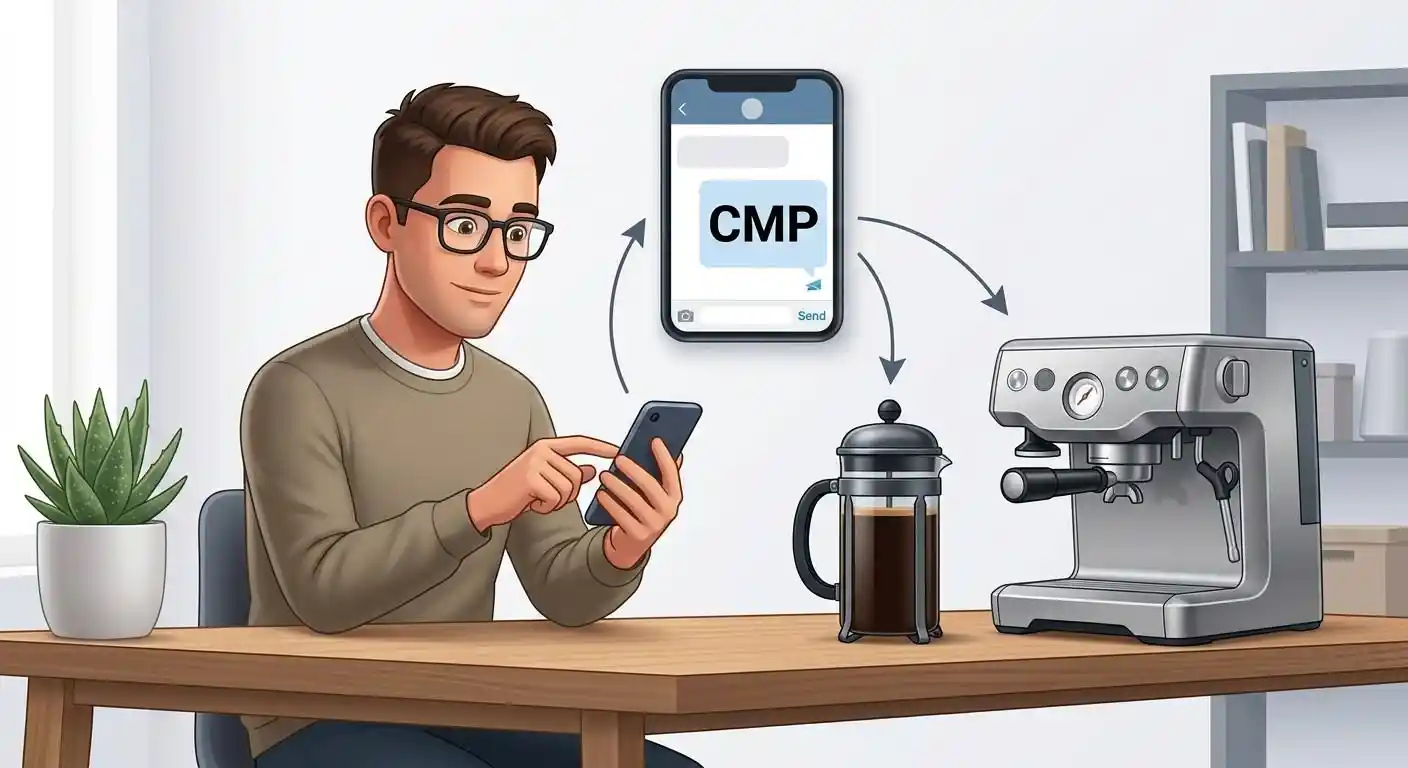 Adult comparing two options after receiving CMP in a text message