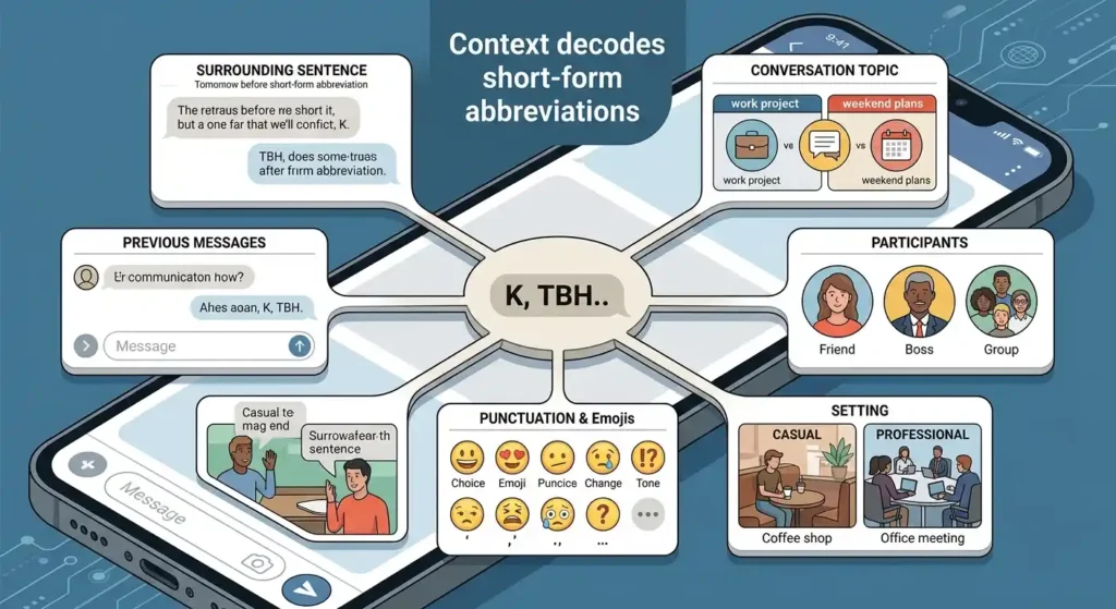 Conversation context clues that help explain the meaning and tone of an initialism