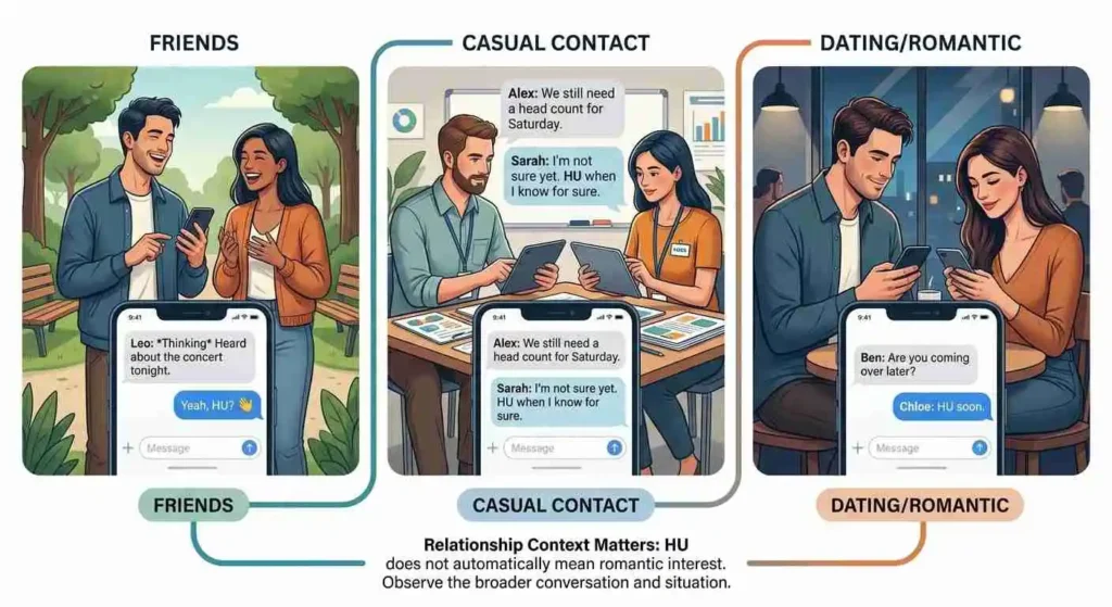 Adult messaging scenarios showing how context can affect the meaning of HU.