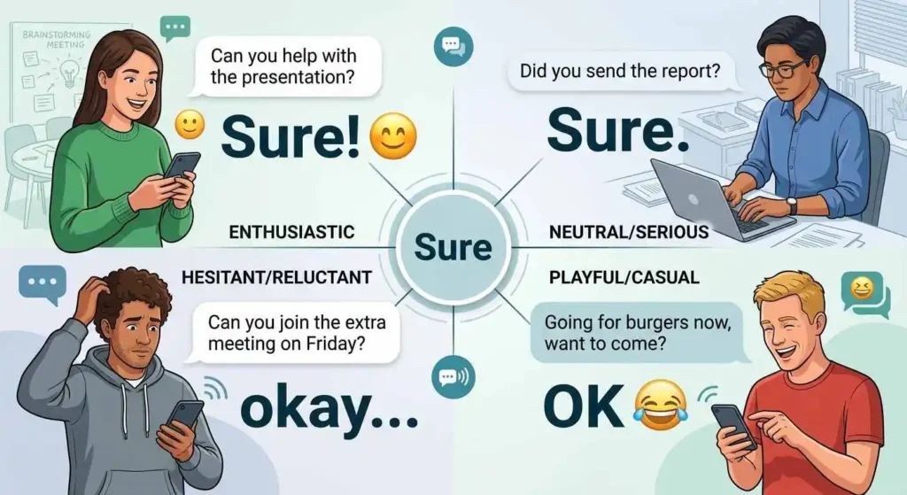 Different punctuation and emoji examples showing how a short chat expression can change tone.