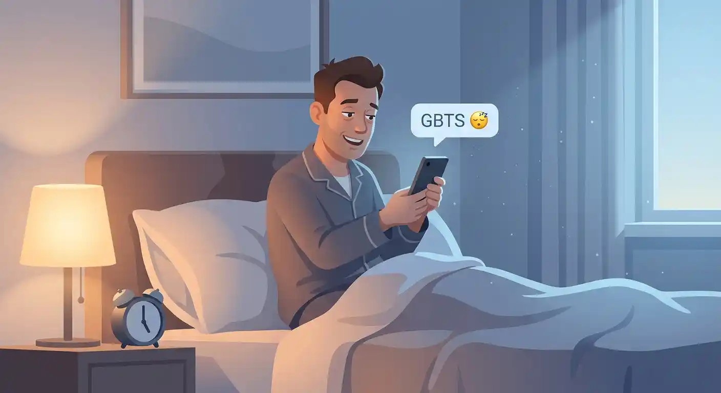 Tired adult receiving a GBTS message telling them to go back to sleep