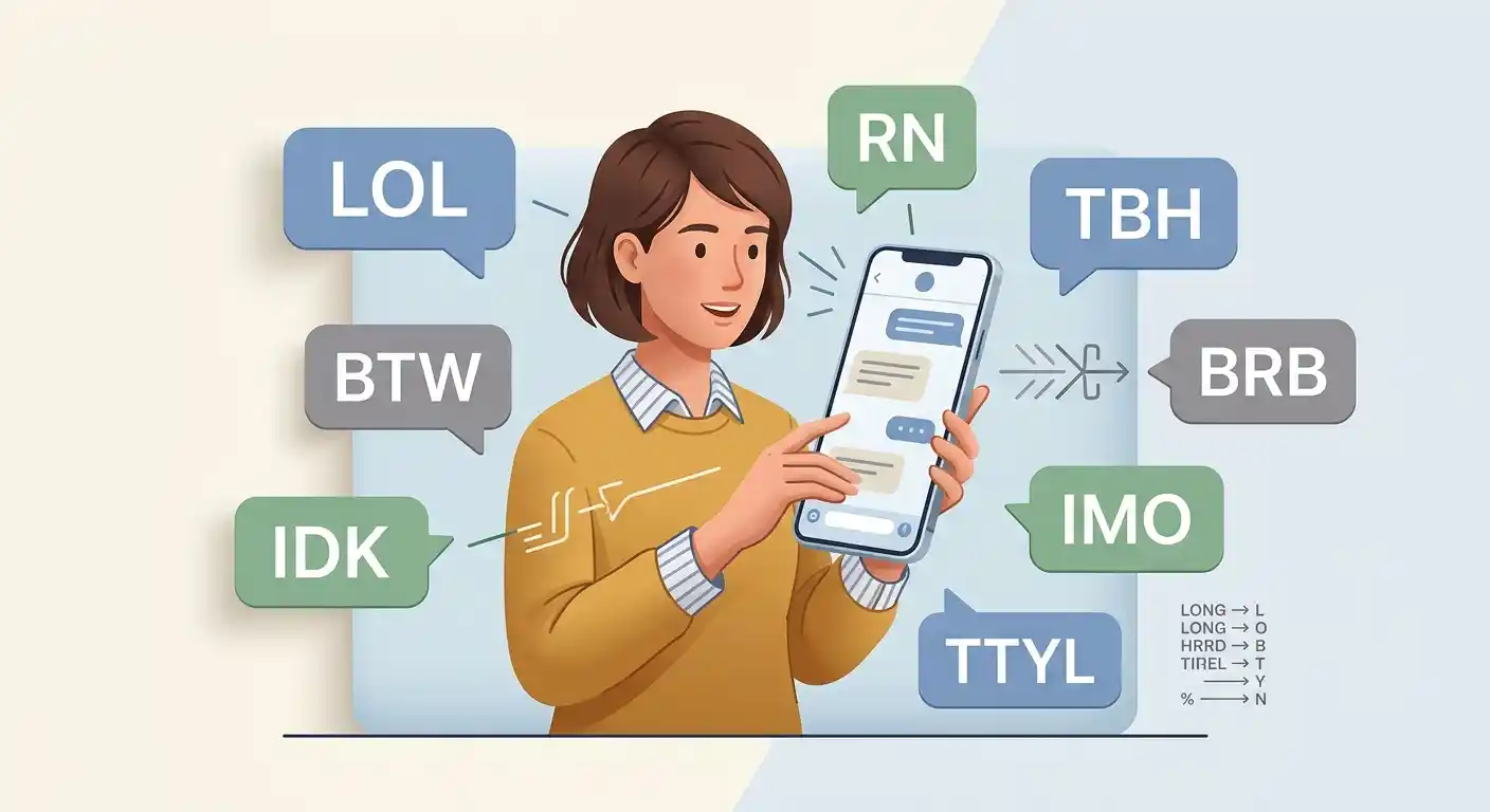 Smartphone showing common internet abbreviations used in digital conversations