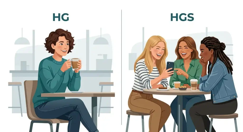 Visual comparison showing HG for one homegirl and HGS for multiple homegirls.