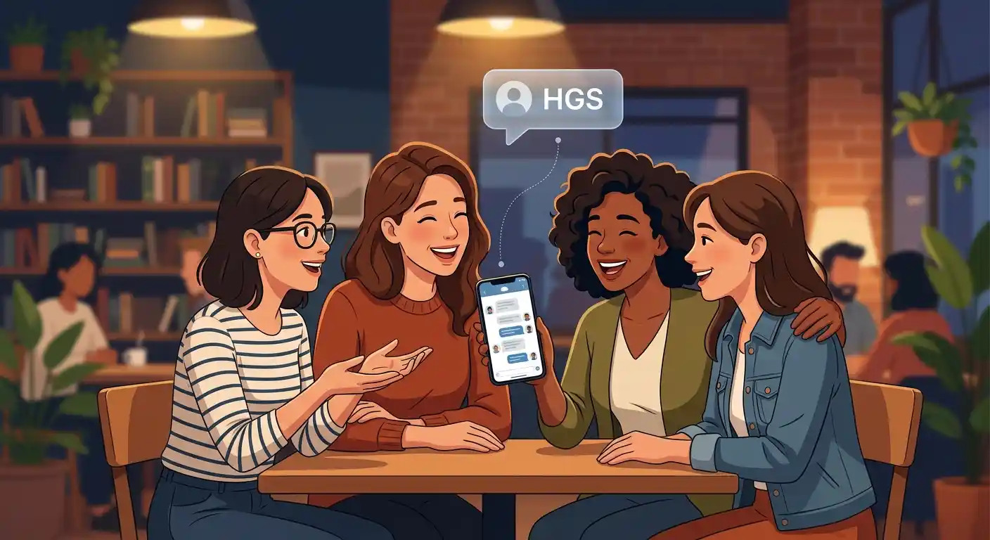 A group of adult female friends chatting together while one checks a casual group message on her phone.