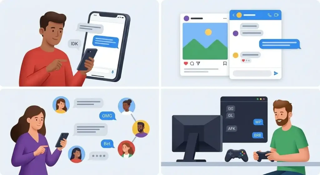 Short chat expressions used across text messages, DMs, group chats, and gaming conversations.