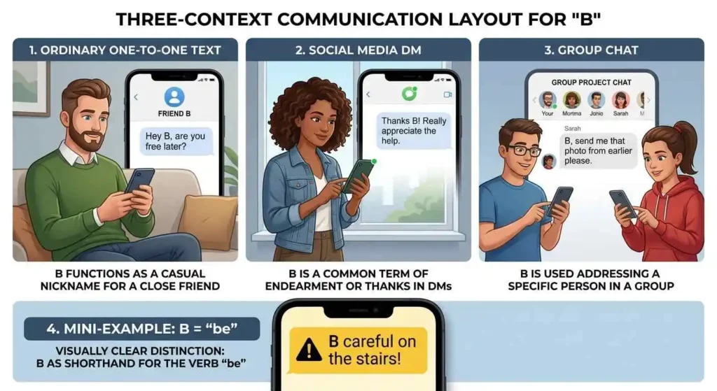 Examples of B used in text messages, DMs, group chats, and as shorthand for be.