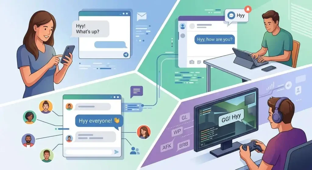 Examples of HYY used in texts, DMs, group chats, and social media conversations.