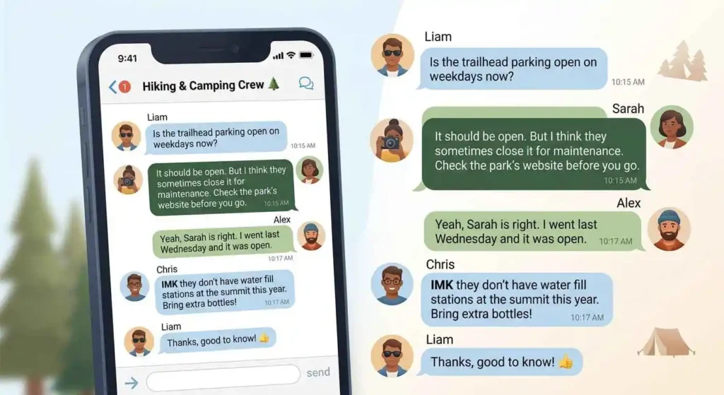 Group chat showing IMK used as a qualifier in an informal texting conversation.