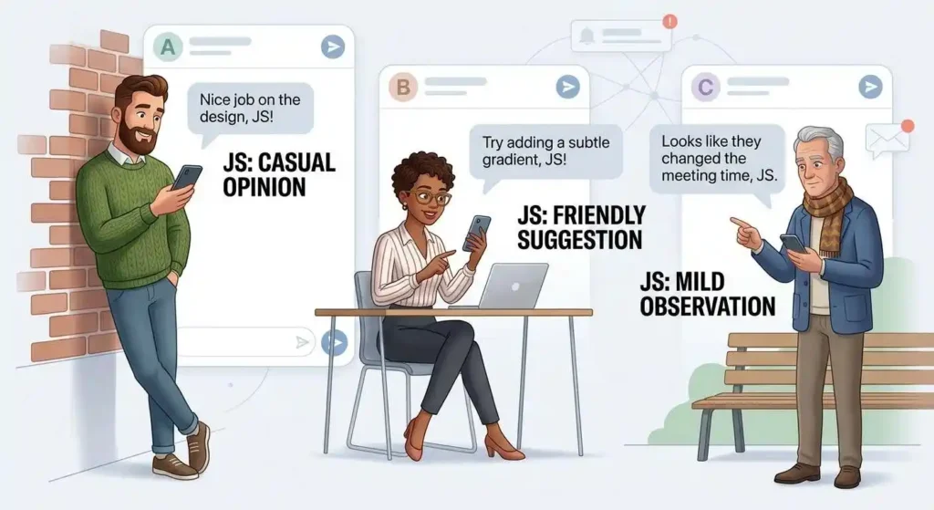 Different casual texting situations showing JS used with opinions, suggestions, and observations.