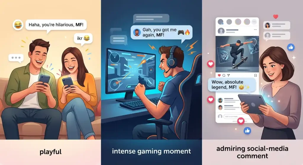 Different casual contexts showing MF used in texts, gaming chats, and social-media comments
