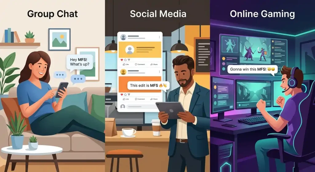Adults using MFS in group chats, social-media comments, and gaming conversations.