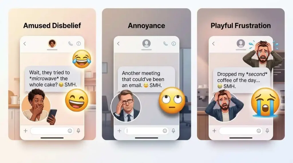 Examples showing how emojis can change the tone of an SMH message.
