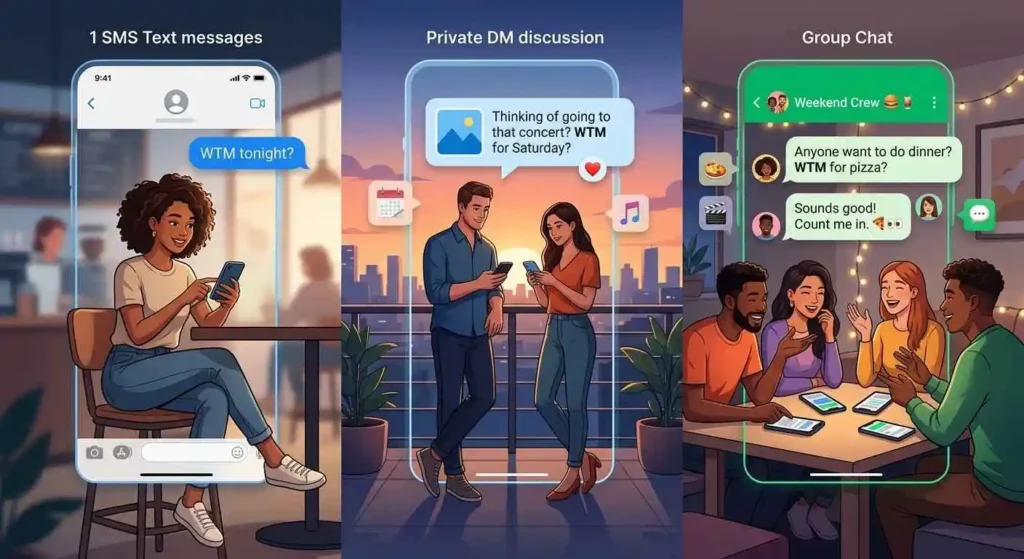 WTM used in casual texts, DMs, and group chats about plans and activities.