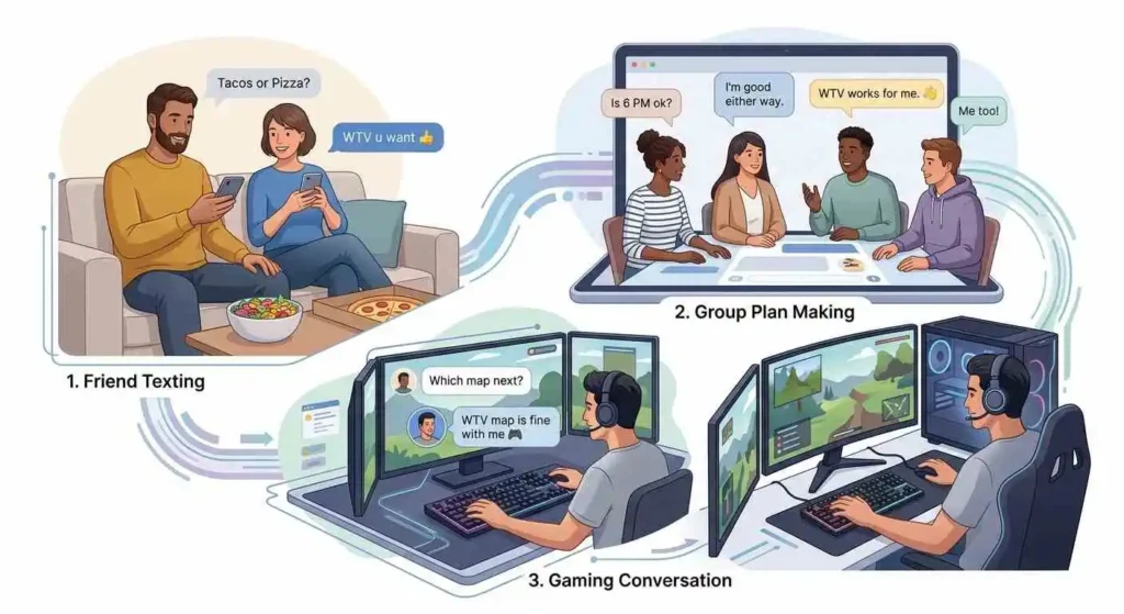 Examples of WTV used in casual texting, group chats, and gaming conversations.