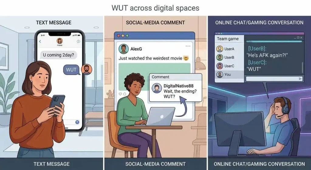 WUT appearing in casual texts, social-media comments, and online chats.