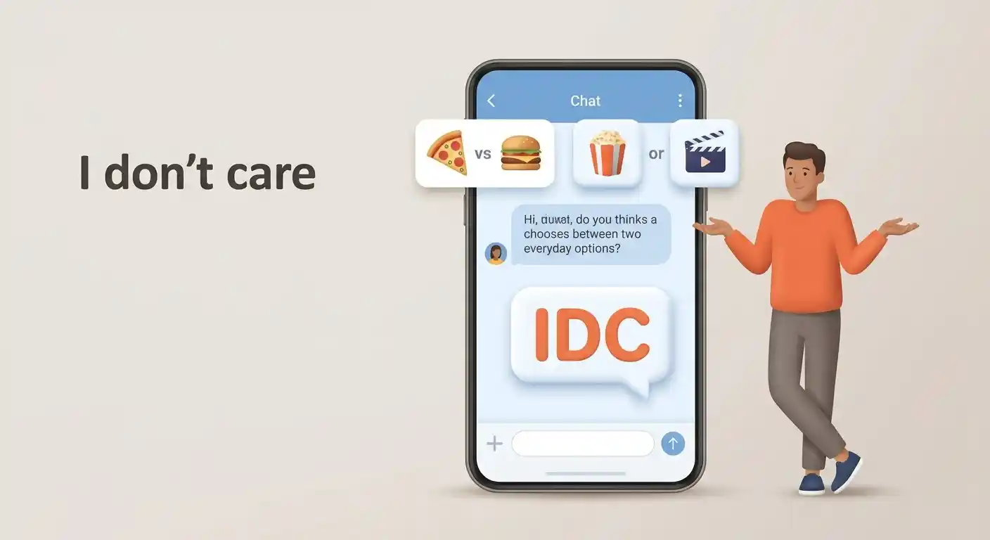 A casual text conversation showing IDC used to express that either choice is fine.