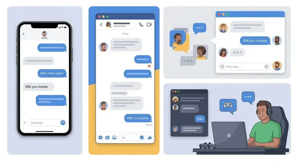 Examples of IDM appearing in texts, group chats, social DMs, and gaming conversations.
