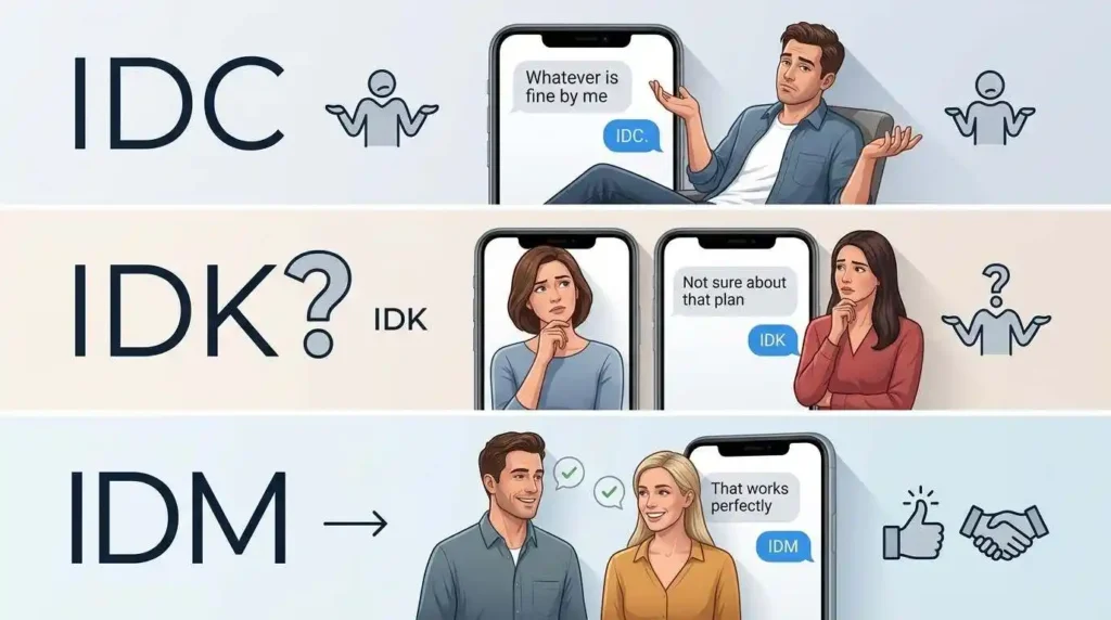 Visual comparison of IDC, IDK, and IDM showing different meanings in texting.