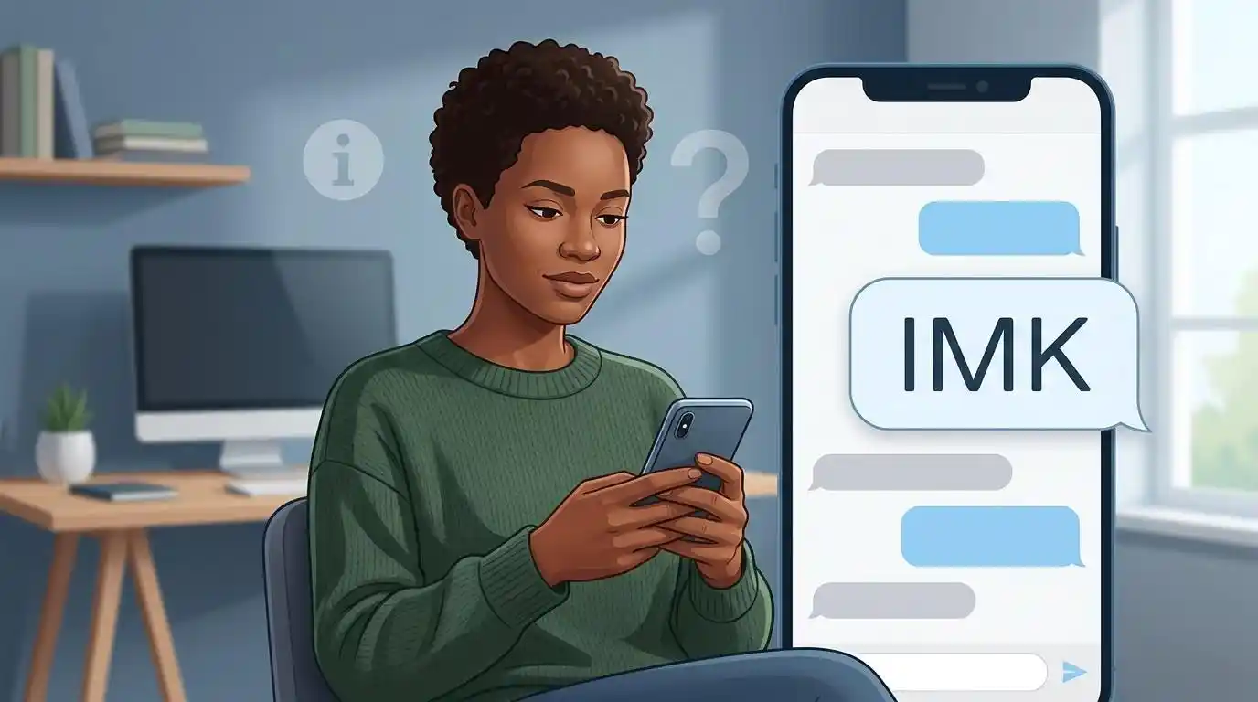 Adult using a smartphone with an IMK message illustrating the meaning “In My Knowledge.”