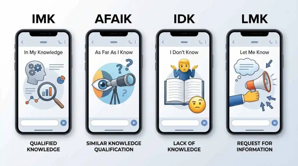 Visual comparison of IMK with similar texting abbreviations AFAIK, IDK, and LMK.