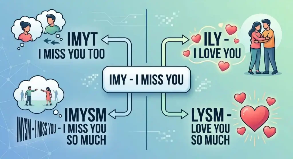 Comparison of IMY with related expressions such as IMYT, IMYSM, and ILY