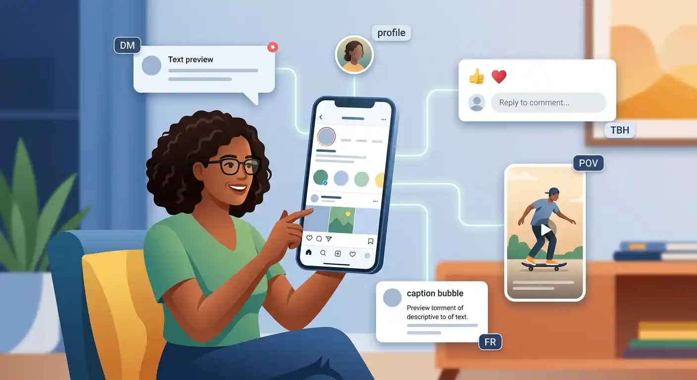 Adult using a smartphone surrounded by examples of Instagram slang in DMs, comments, captions, and profiles.