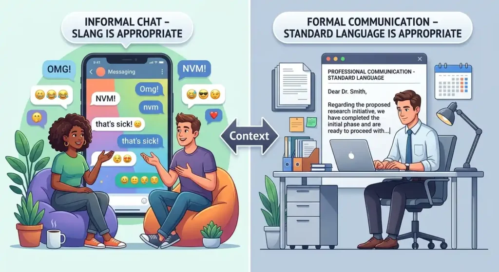 Comparison of social media slang in casual chats and standard language in formal communication