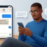 Adult using a smartphone to send a casual message ending with JS, meaning “just saying.”