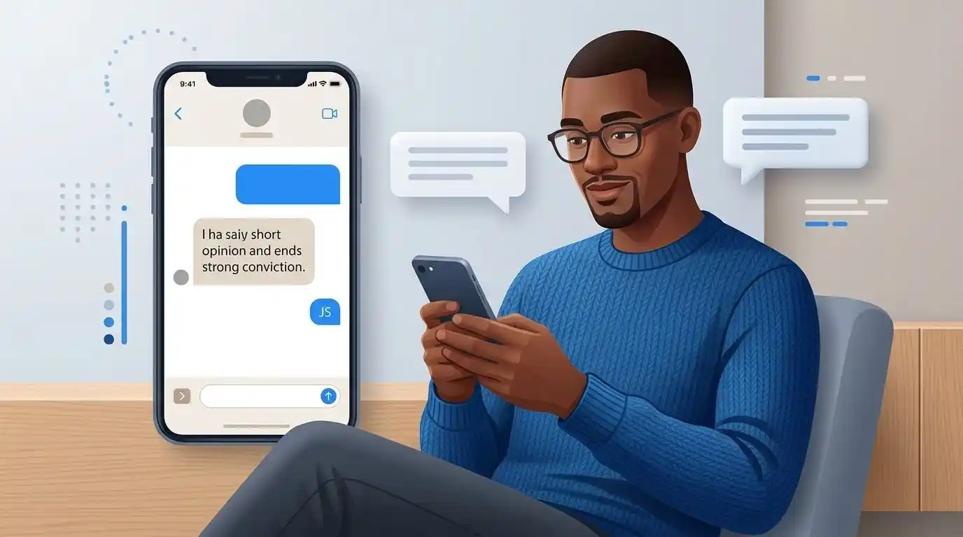 Adult using a smartphone to send a casual message ending with JS, meaning “just saying.”