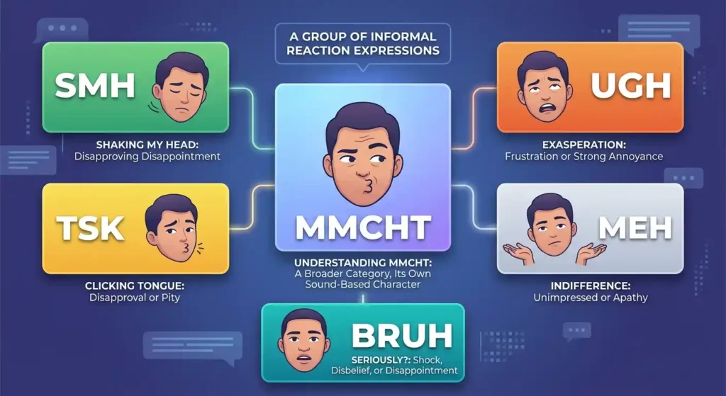 MMCHT compared with related texting reactions such as SMH, UGH, TSK, MEH, and BRUH