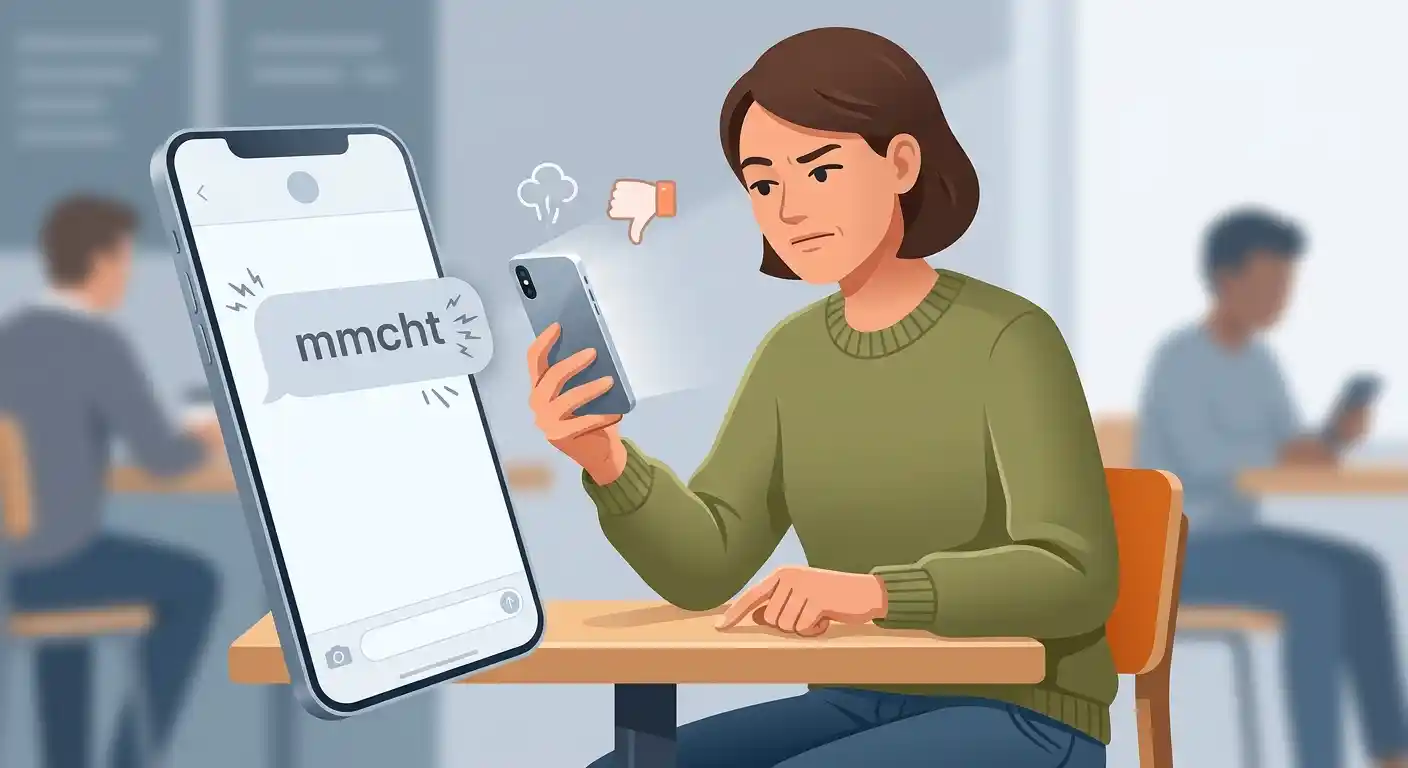 Adult texting a skeptical “mmcht” reaction in a messaging conversation