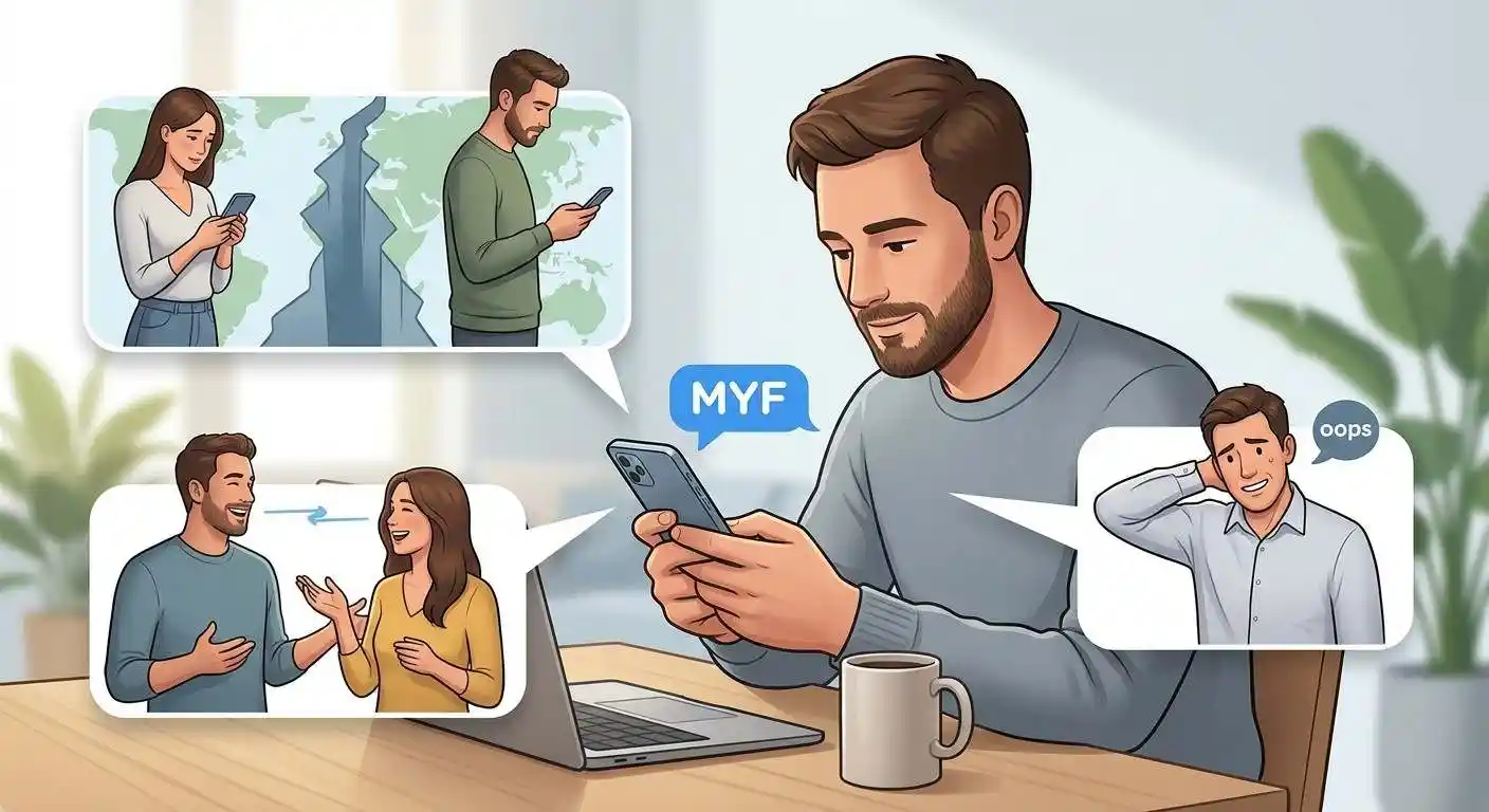 Adult reading MYF in a text message with three possible contextual meanings