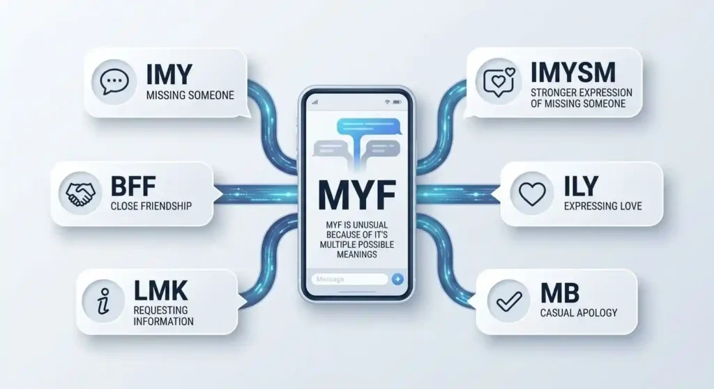 MYF compared with IMY, ILY, MB, LMK, and other texting abbreviations