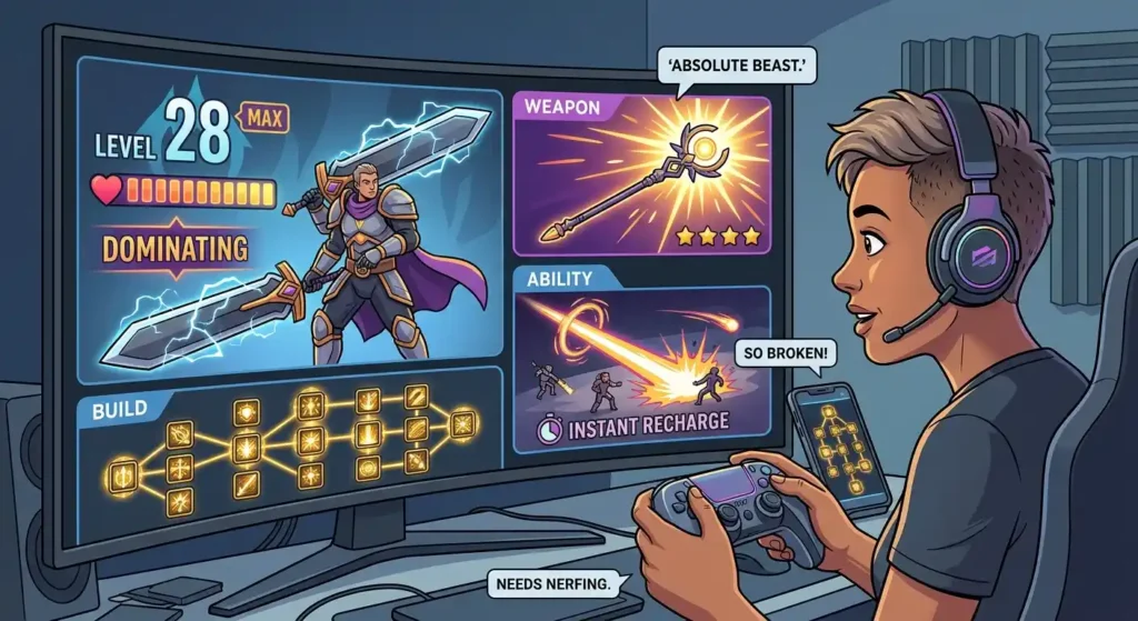 Powerful game character and weapon illustrating the gaming meaning of OP