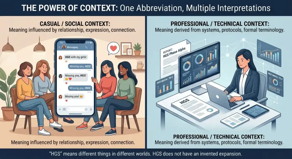 Illustration showing HGS used in a friendship conversation and an unrelated professional context.