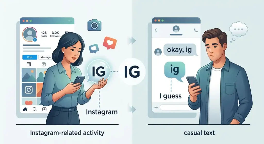 Two online conversations showing how IG can refer to Instagram or mean “I guess” depending on context.