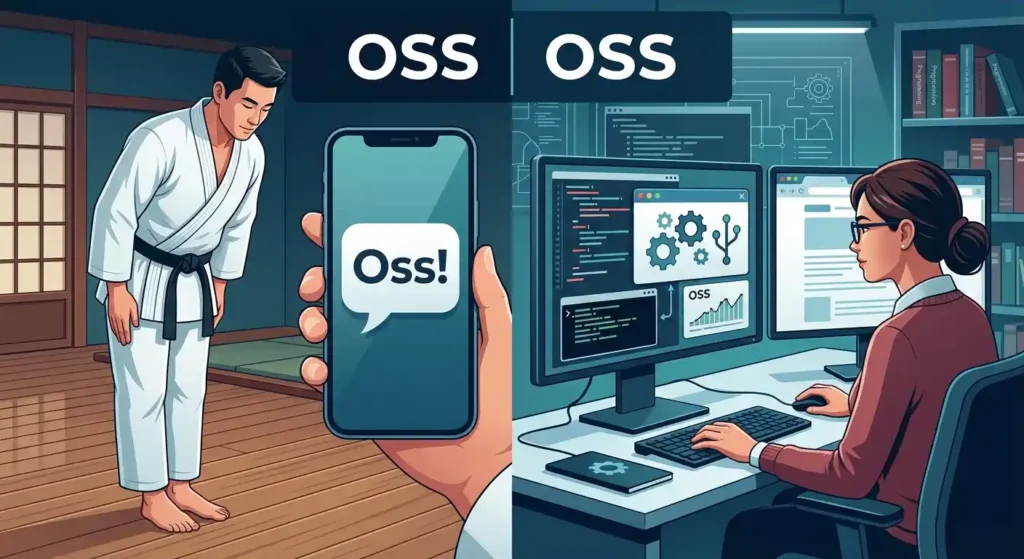 OSS shown in martial-arts and open-source software contexts