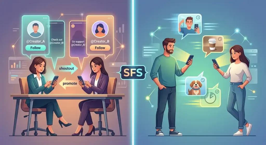 Two contexts for SFS showing mutual shoutouts and Snap exchanges.