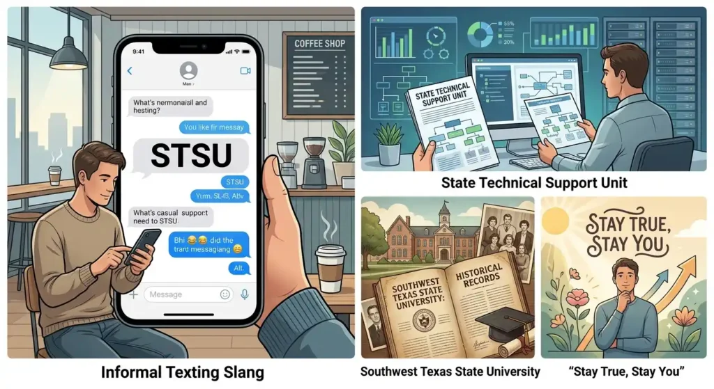 STSU shown with texting and alternative organizational academic and motivational meanings