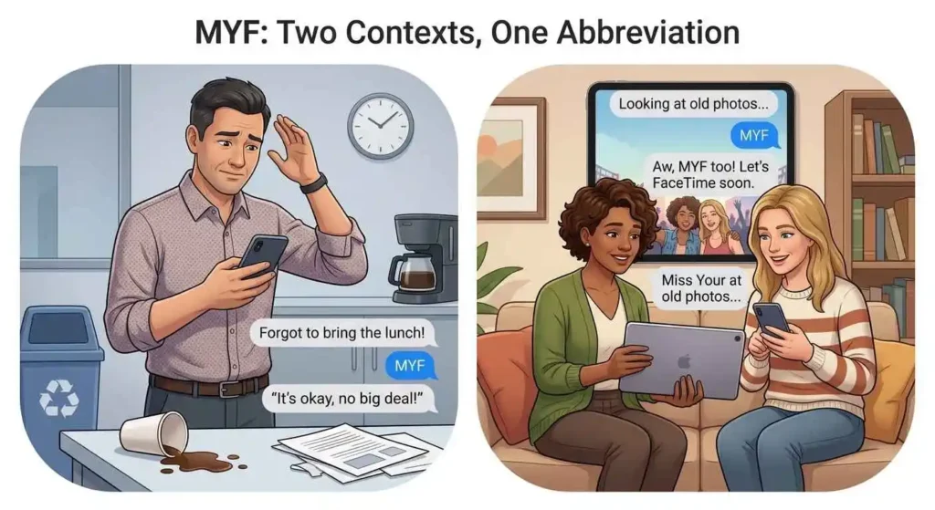 Two adult conversations showing MYF as “My Fault” and “Miss Your Face”