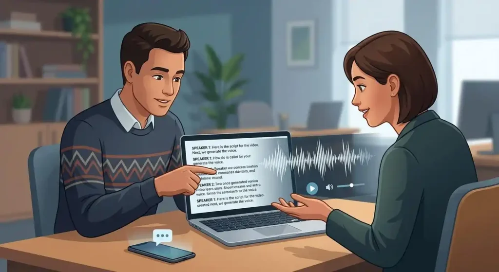 Two adults discussing how text-to-speech created a voice for a video